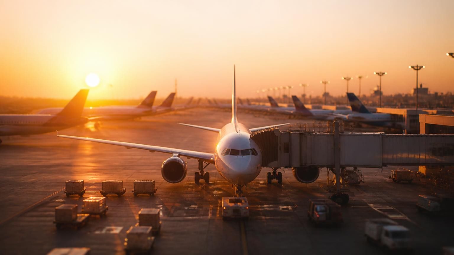 Aircraft at an airport gate at sunset, with planes lined up along the terminal.