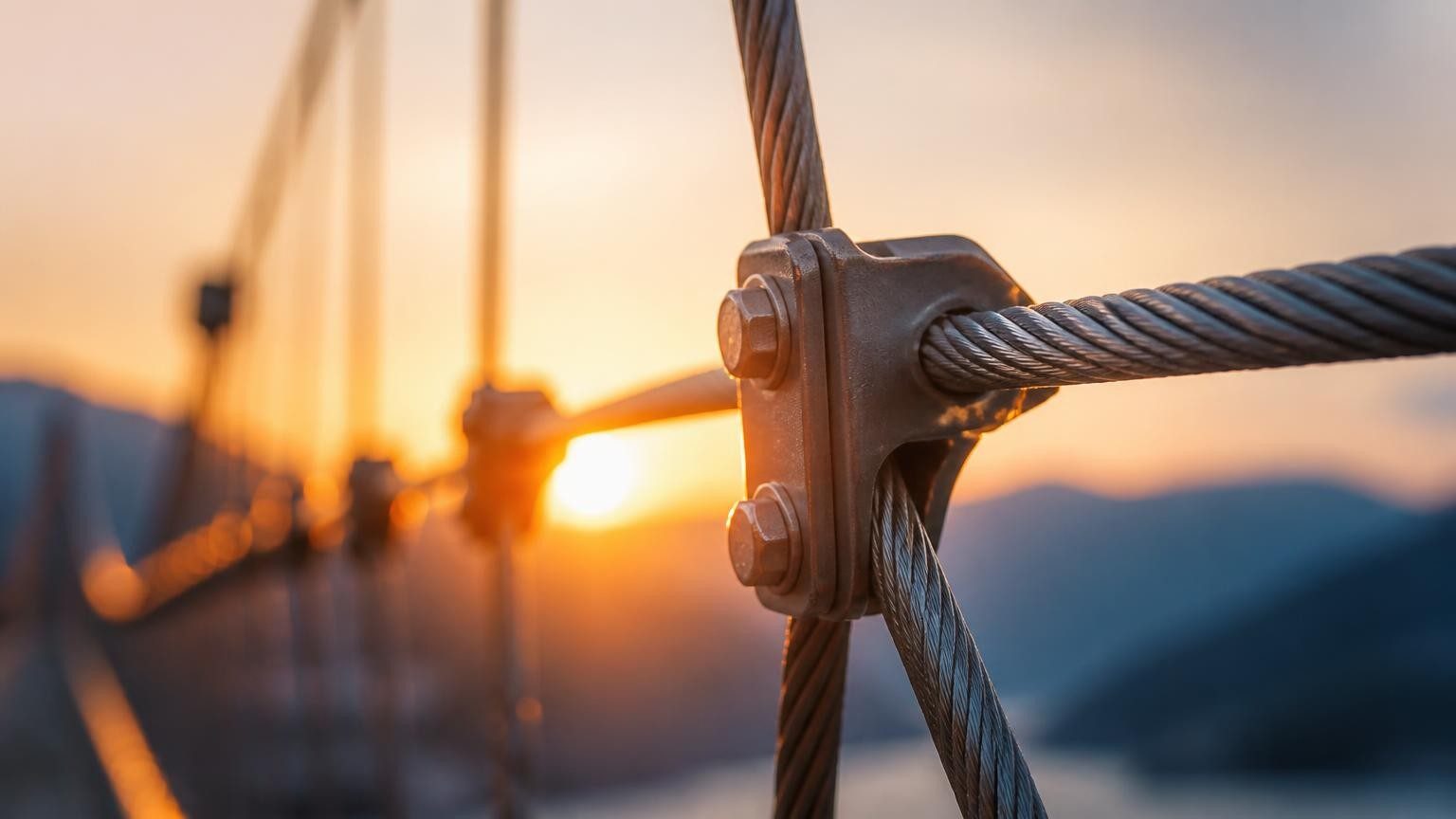 Close-up of a suspension-bridge cable clamp at sunset.